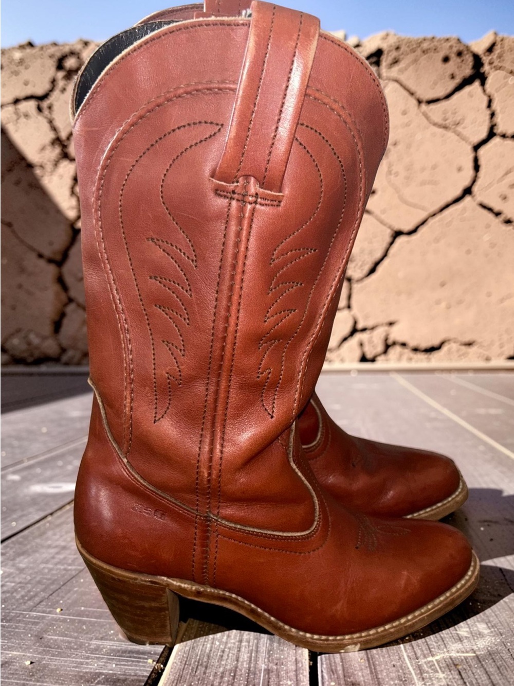 Dexter Brown Leather Stacked Heel Western Boots Size 7.5 Medium USA Made Vintage